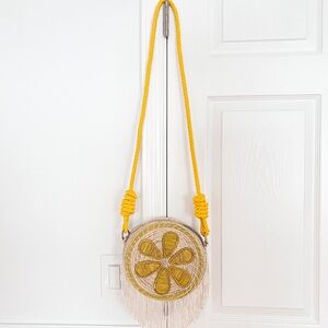 Handmade weaved crossbody circular bag yellow floral rope strap fringes nWOT